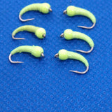 6 Chartreuse Beaded Bung Buzzers Barbless Size 10 Trout Fly