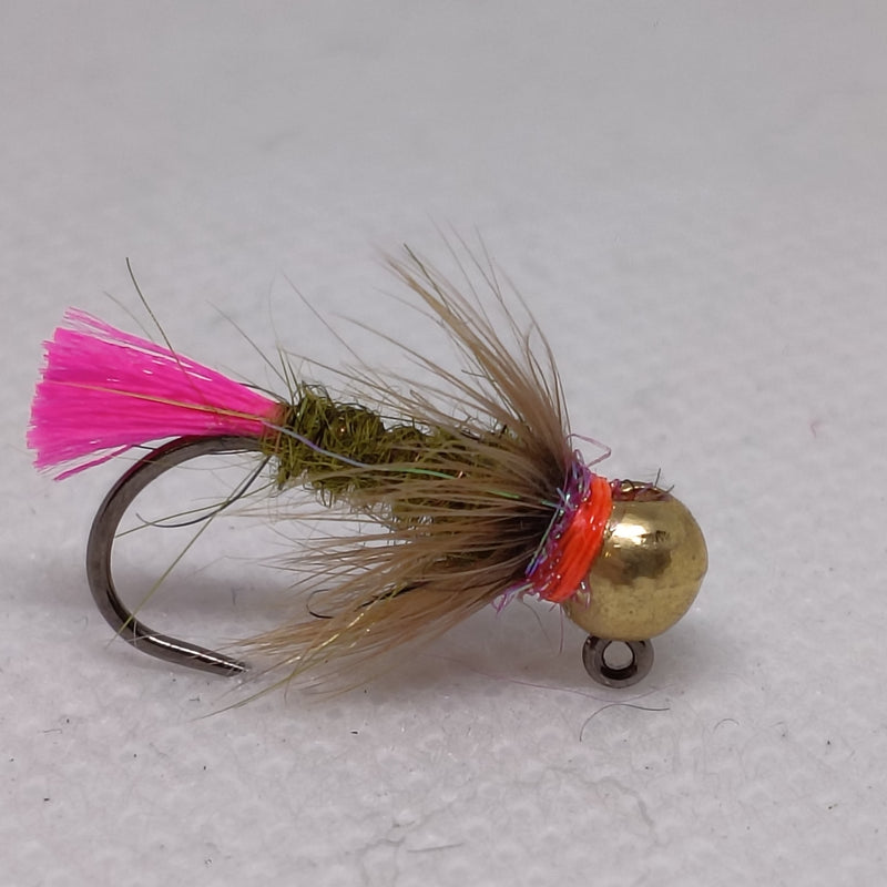 TUNGSTEN NYMPHS 4.6mm BEADS Size 10 Barbless Jig Hook Pink Tail Olive Body Brass Bead