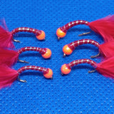 6 Red Holographic Hot Head Bung Buzzers Stalking Size 12 - Fly Fishing Flies Trout