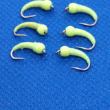 6 Chartreuse Beaded Bung Buzzers Barbless Size 10 Trout Fly