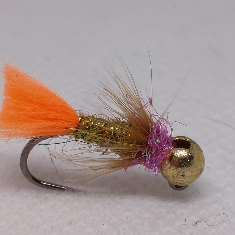 TUNGSTEN NYMPHS 4.6mm BEADS Size 10 Barbless Jig Hook Orange Tail Pink Collar Brass Bead