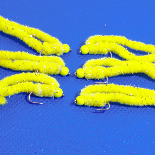 6 Flu Yellow Shimmy Worms Fly Fishing Fly. Size 10 Barbed Hook