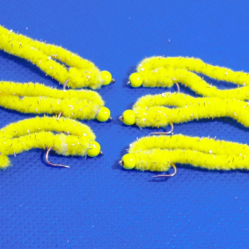 6 Flu Yellow Shimmy Worms Fly Fishing Fly. Size 10 Barbed Hook