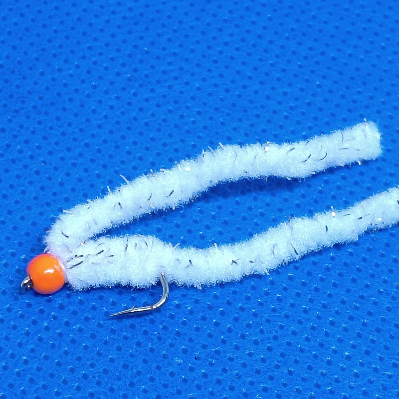 6 White Shimmy Worms Fly Fishing Fly. Size 10 Barbed