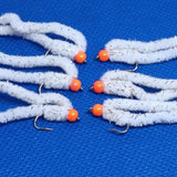 6 White Shimmy Worms Fly Fishing Fly. Size 10 Barbed
