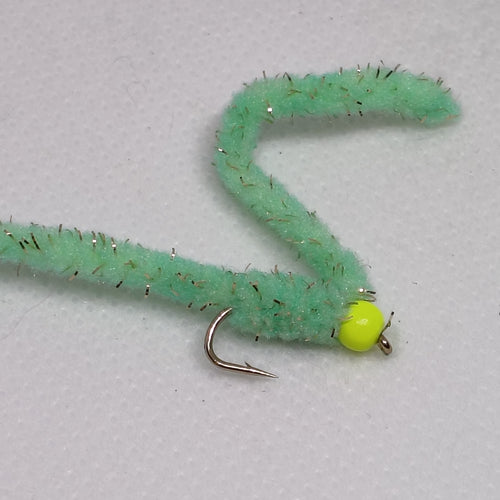 6 Spearmint Shimmy Worms Fly Fishing Fly. Size 10 Barbed Hook