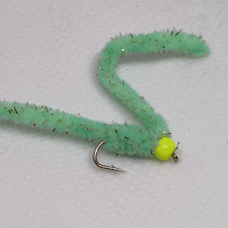 6 Spearmint Shimmy Worms Fly Fishing Fly. Size 10 Barbed Hook