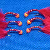 6 Red Holographic Hot Head Bung Buzzers Stalking Size 12 - Fly Fishing Flies Trout