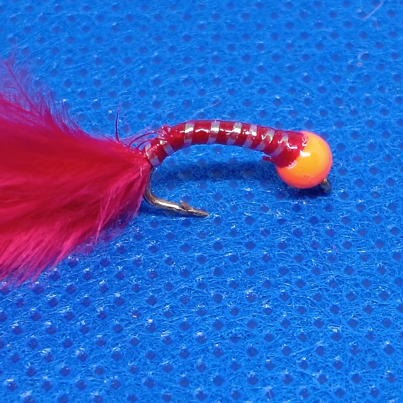 6 Red Holographic Hot Head Bung Buzzers Stalking Size 12 - Fly Fishing Flies Trout