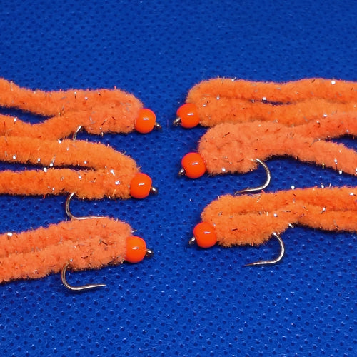 6 Orange Shimmy Worms Fly Fishing Fly. Size 10 Barbed Hook