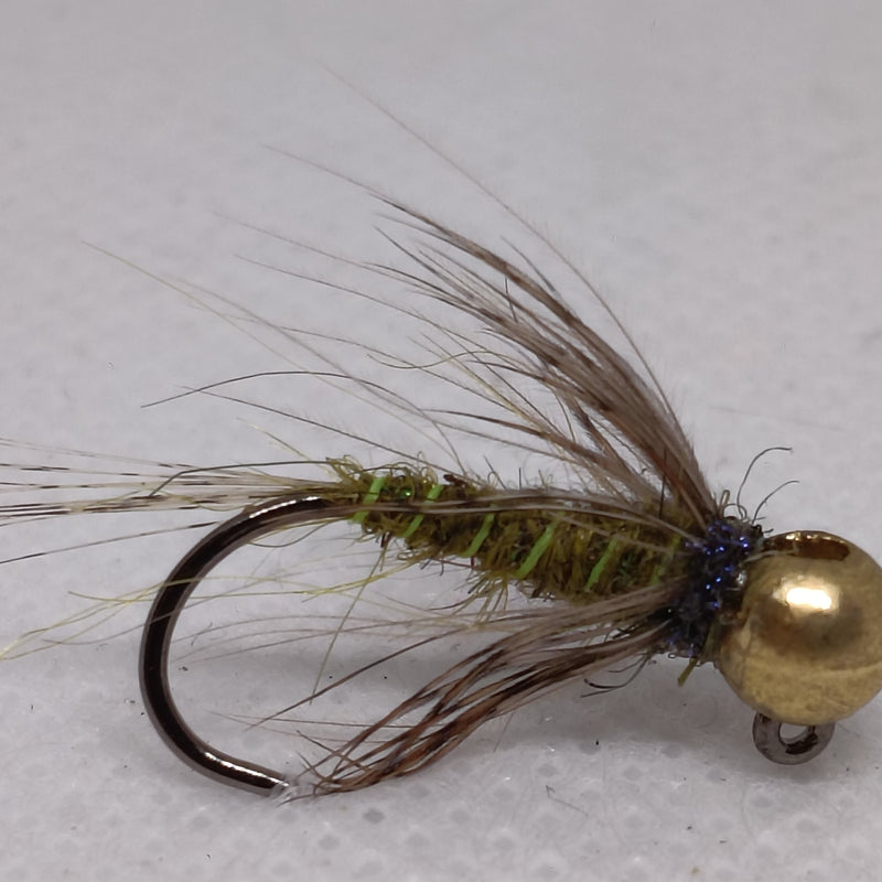 TUNGSTEN NYMPHS 4.6mm BEADS Size 10 Barbless Jig Hook Olive Body Chartreuse Rib Brass Bead