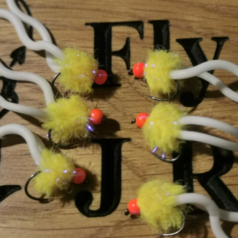 6X Sunburst and White Squirmy Worm Blob Size 10 Barbless  Hot Head Trout Flies.