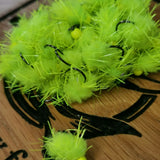 6 CHARTREUSE EGGSTACY BLOBS FISHING TROUT FLIES  SIZE 10 BARB LESS HOTHEAD