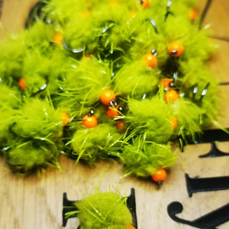 6 OLIVE /OLIVE STRAGGLE EGG-IT BLOBS TROUT FLIES  SIZE 10 BARBLESS HOTHEAD