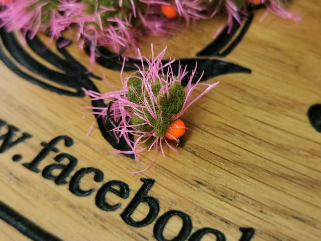 6 PINK /OLIVE EGG-IT BLOBS FISHING TROUT FLIES  SIZE 10 BARB LESS HOTHEAD