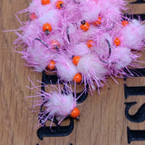 6 PINK /PINK EGG-IT BLOBS FISHING TROUT FLIES  SIZE 10 BARBLESS HOTHEAD