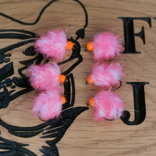 6 PINK AND WHITE EGGSTACY BLOBS FISHING TROUT FLIES  SIZE 10 BARB LESS HOTHEAD
