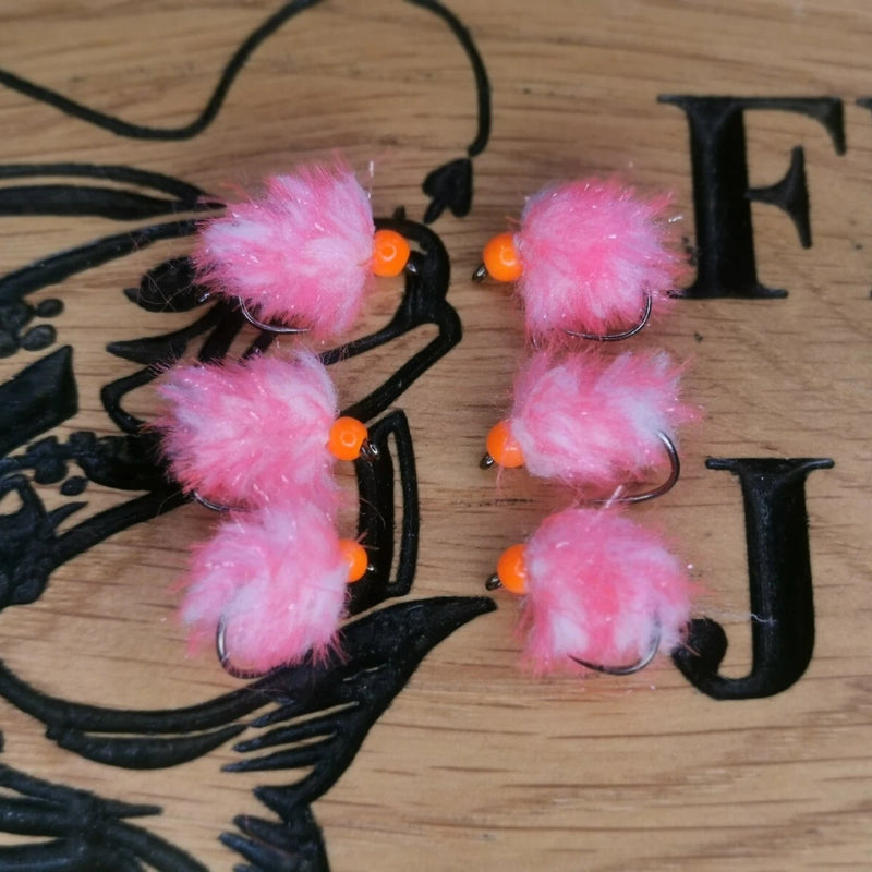 6 PINK AND WHITE EGGSTACY BLOBS FISHING TROUT FLIES  SIZE 10 BARB LESS HOTHEAD