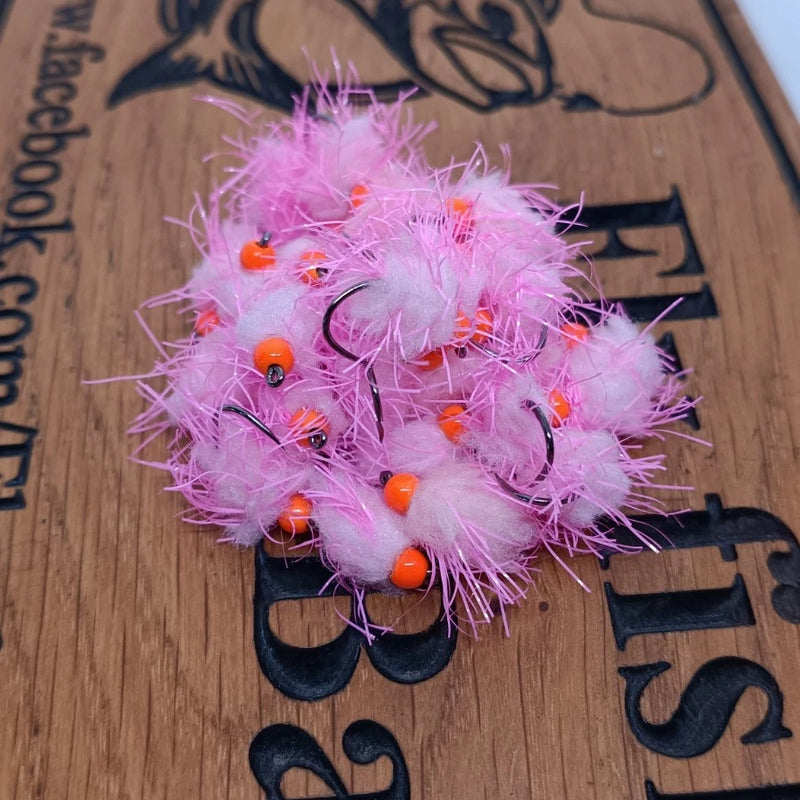 6 PINK /PINK EGG-IT BLOBS FISHING TROUT FLIES  SIZE 10 BARBLESS HOTHEAD