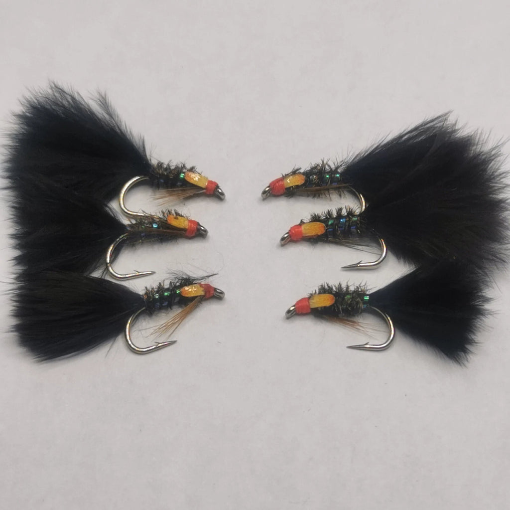 6 Holo DIAWL BACH Marabou Nymph Black Wet Trout Fly Flies Size 12 Hook