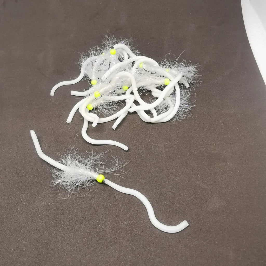 6 x White and Chartreuse Squirmy size 10 Barbless Squirmy Worm