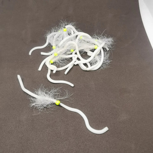 6 x White and Chartreuse Squirmy size 10 Barbless Squirmy Worm