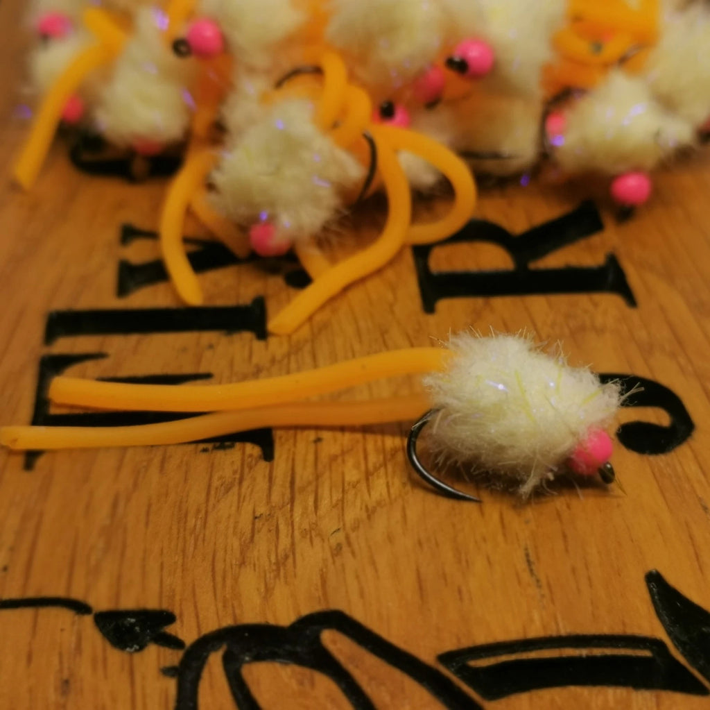 6 X  Orange Cheese Squirmy Worm Blob Size 10 Barbless Hot Head Trout Flies.
