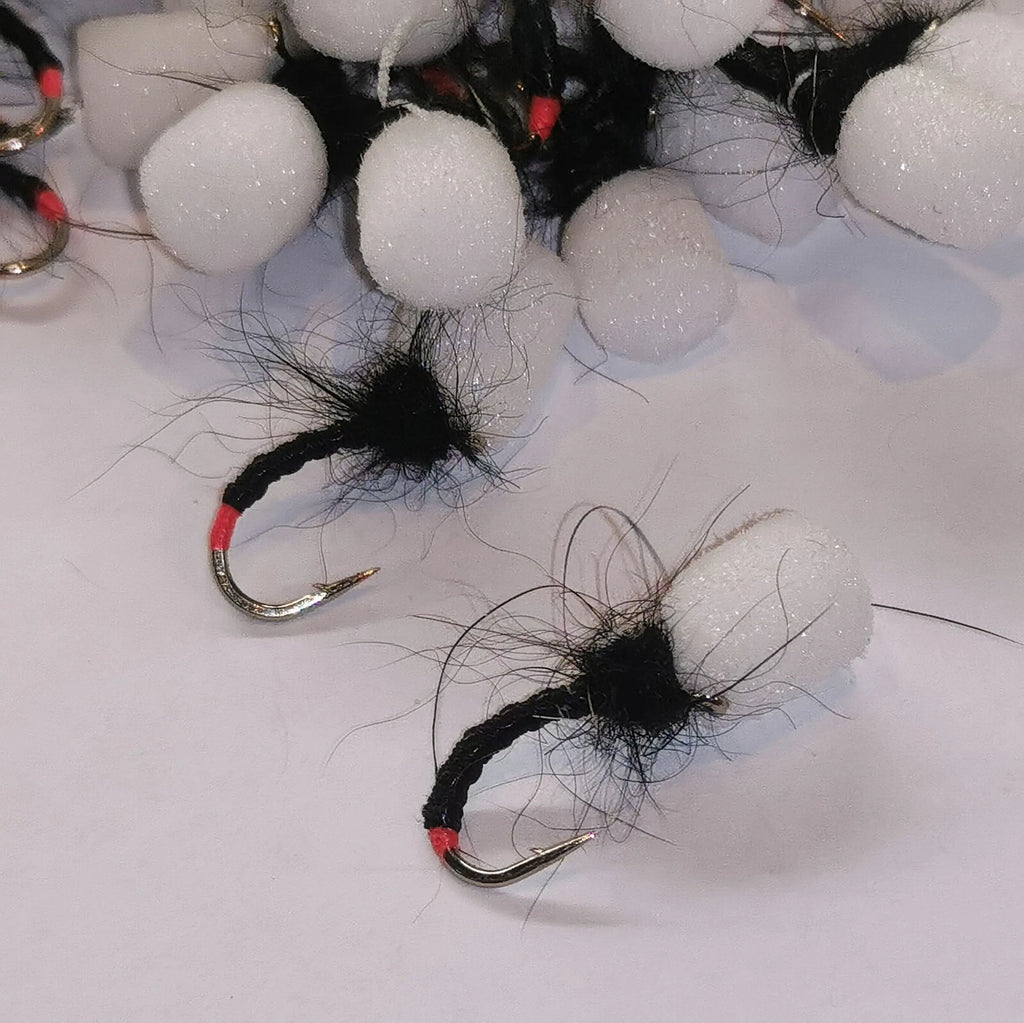 6 Black suspender top hat emerger white foam Buzzer red tag. Trout Fly Fishing