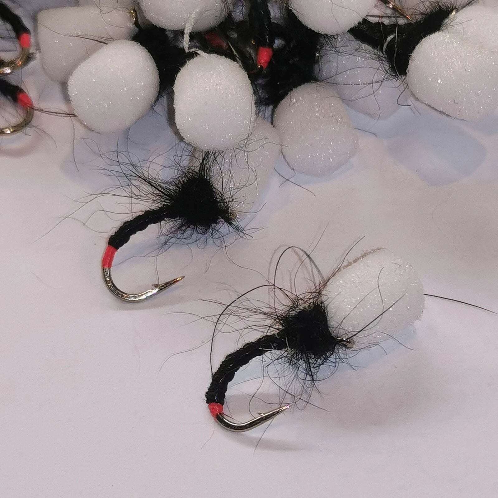 6 Black suspender top hat emerger white foam Buzzer red tag. Trout Fly Fishing