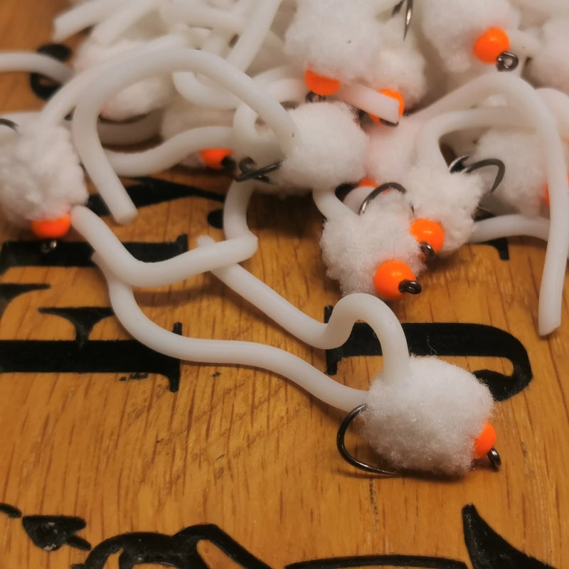 6 X  White Squirmy Worm Blob Size 10 Barbless Hot Head Trout Flies.