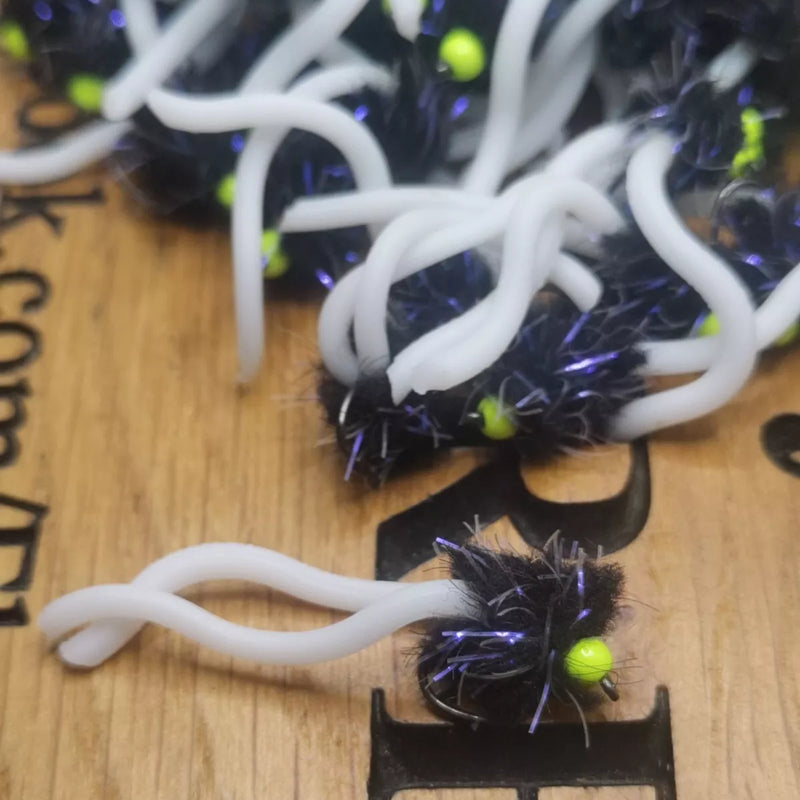 6X Black UV and White Squirmy Worm Blob Size 12 Barbless Chartreuse Hot Head