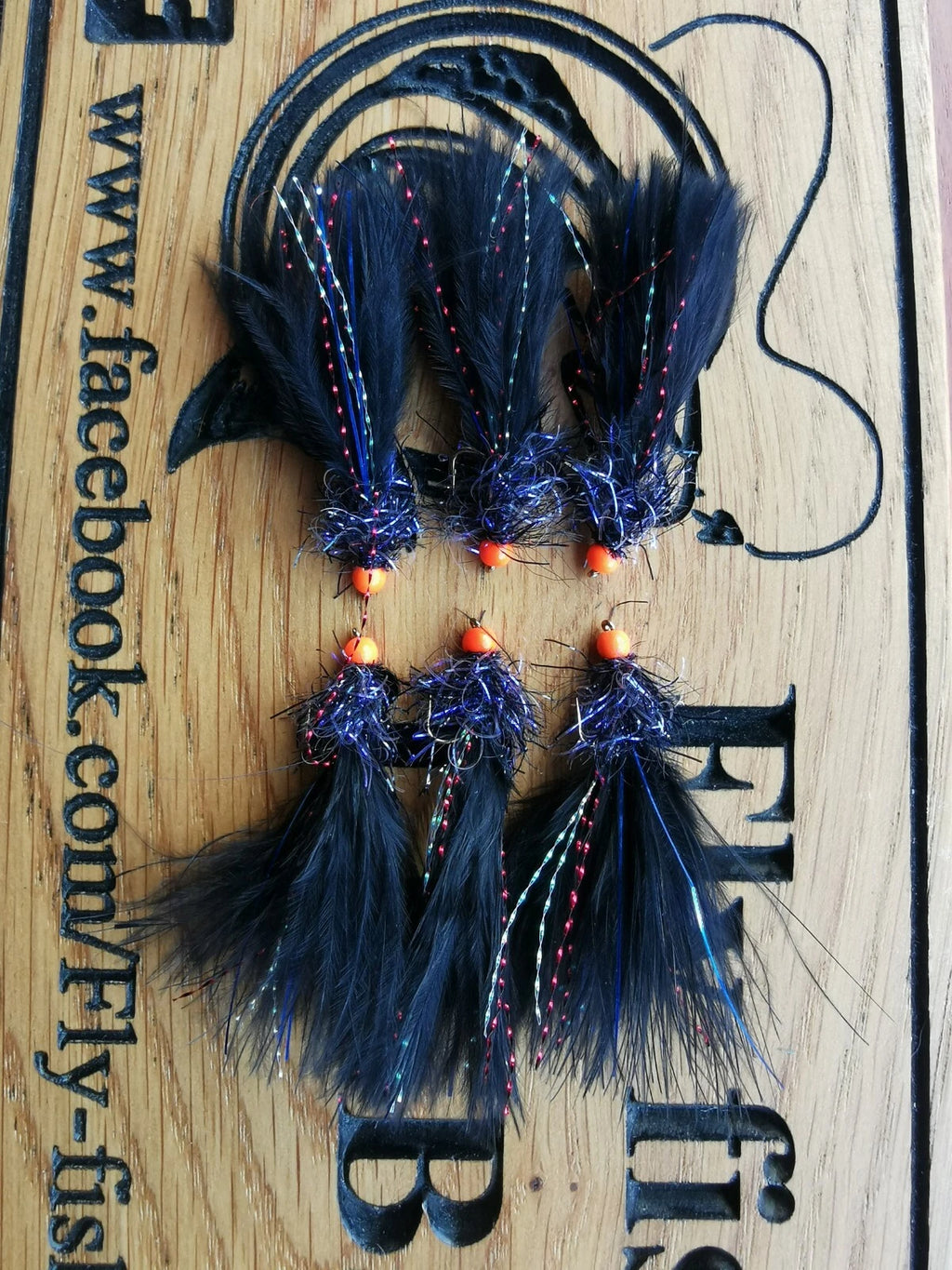 6 X UV BLACK STRAGGLE TADPOLE LURES, TROUT FLIES, SIZE 10.