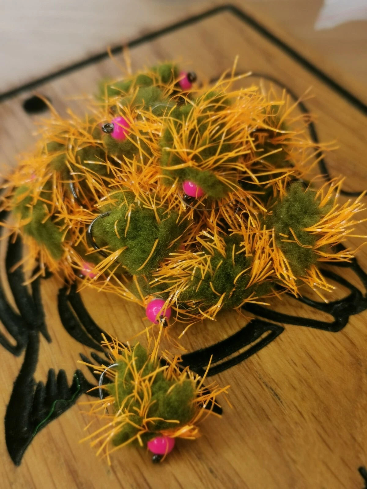 6 OLIVE AND ORANGE EGGSTACY BLOBS FISHING TROUT FLIES  SIZE 10 BARB LESS HOTHEAD