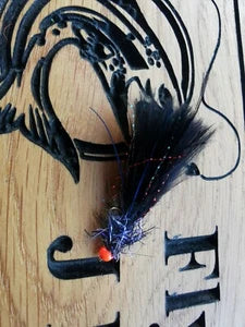 6 X UV BLACK STRAGGLE TADPOLE LURES, TROUT FLIES, SIZE 10.
