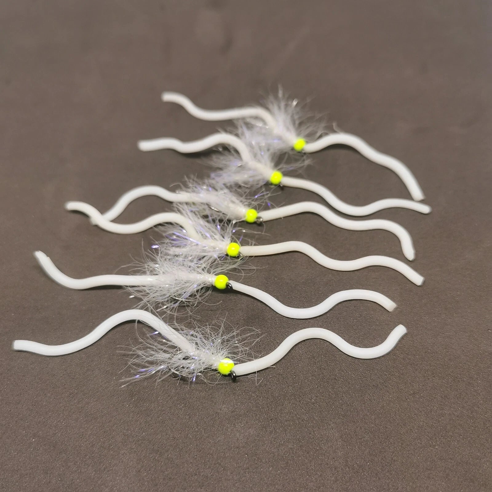 6 x White and Chartreuse Squirmy size 10 Barbless Squirmy Worm