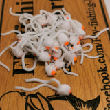 6 X  White Squirmy Worm Blob Size 10 Barbless Hot Head Trout Flies.