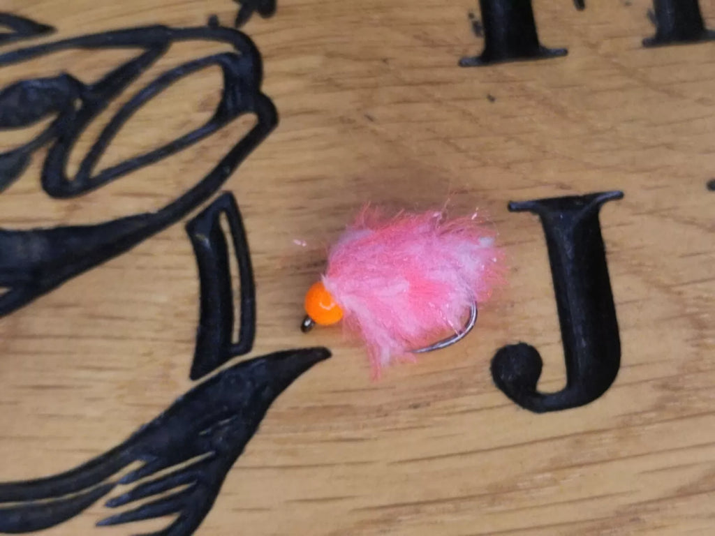 6 PINK AND WHITE EGGSTACY BLOBS FISHING TROUT FLIES  SIZE 10 BARB LESS HOTHEAD