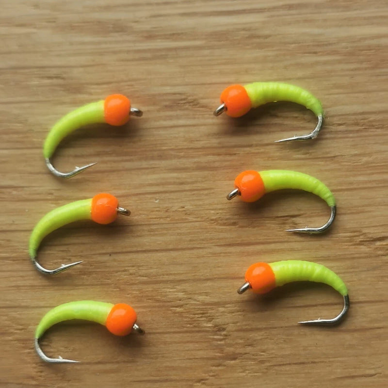 6 Yellow Orange Hot Head Bung Buzzers Barbed Size 12 - Fly Fishing Flies Trout