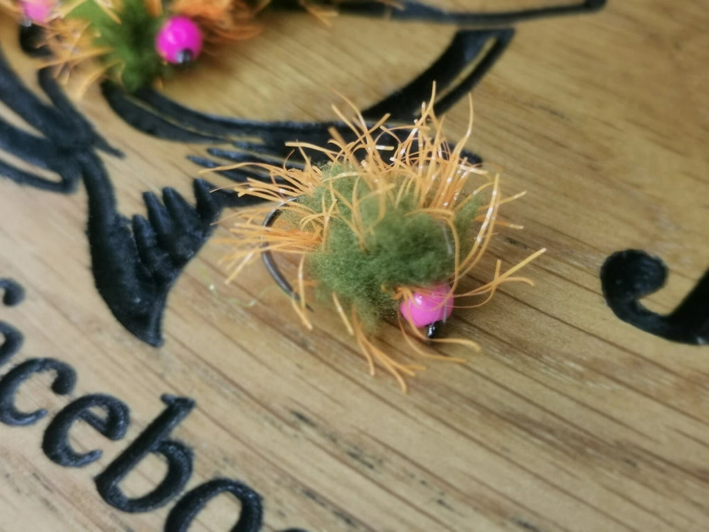 6 PINK /OLIVE EGG-IT BLOBS FISHING TROUT FLIES  SIZE 10 BARB LESS HOTHEAD