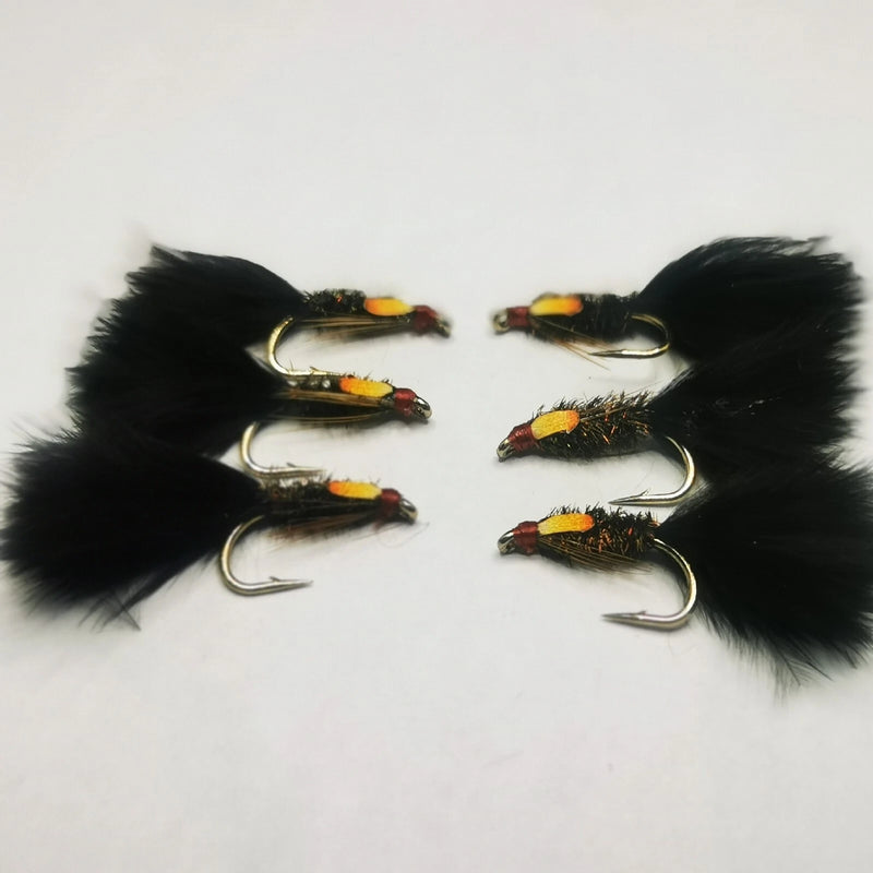 6 DIAWL BACH Marabou Nymph Black Wet Trout Fly Flies Size 12 Hook