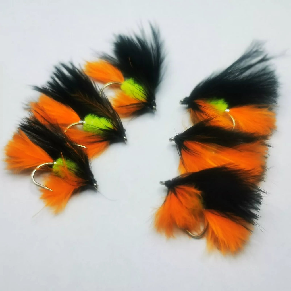6 Black And Orange Mini Lures Fly Fishing Trout Fly Size 10