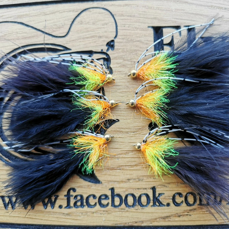 6 Black Brass Head Bleeding Throat Cats Whisker Trout Fishing Flies
