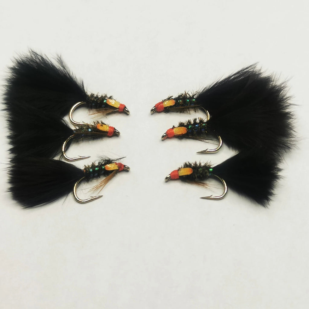 6 Holo DIAWL BACH Marabou Nymph Black Wet Trout Fly Flies Size 12 Hook