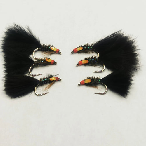6 Holo DIAWL BACH Marabou Nymph Black Wet Trout Fly Flies Size 12 Hook