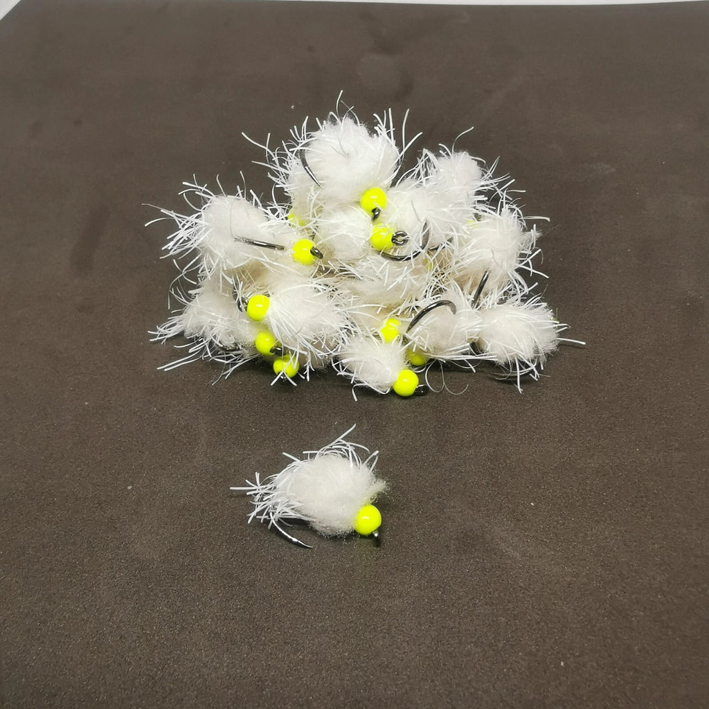 6 WHITE /WHITE STRAGGLE EGG-IT BLOBS TROUT FLIES  SIZE 10 BARBLESS HOTHEAD