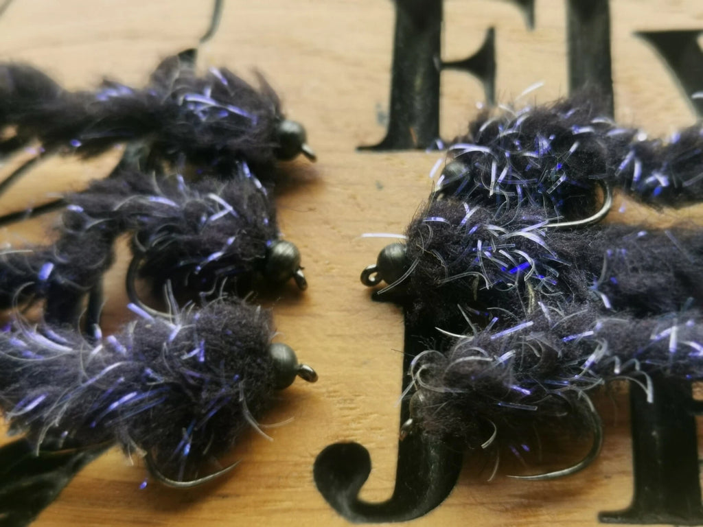 6 BLACK Electric Eggstacy UV Worms. Fly Fishing trout fly lure