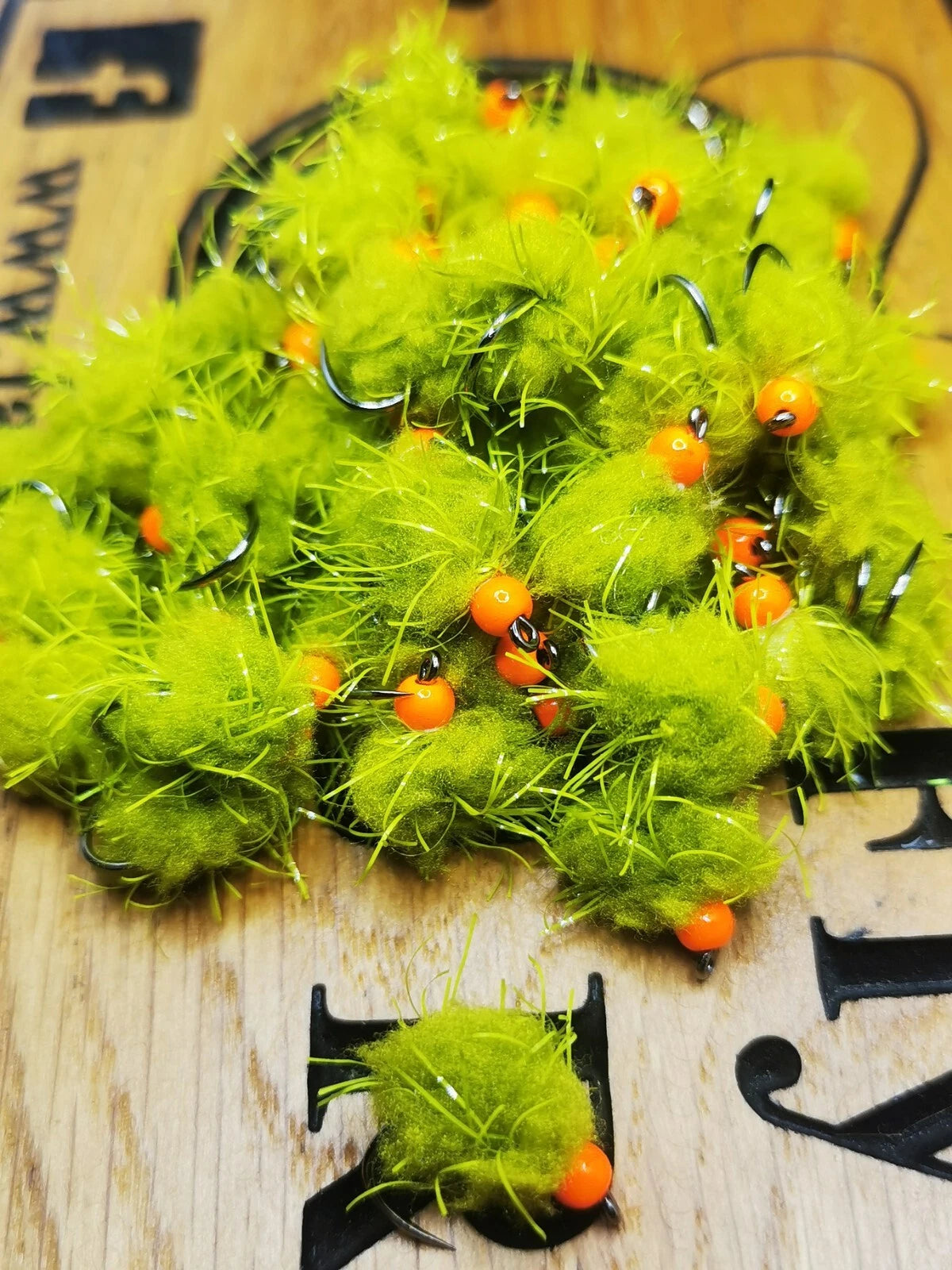 6 OLIVE /OLIVE STRAGGLE EGG-IT BLOBS TROUT FLIES  SIZE 10 BARBLESS HOTHEAD