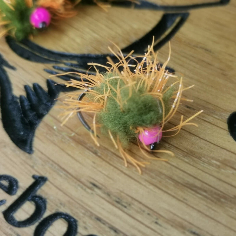 6 OLIVE AND ORANGE EGGSTACY BLOBS FISHING TROUT FLIES  SIZE 10 BARB LESS HOTHEAD