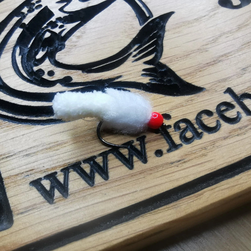WHITE WOTSIT/MOP FLY HOT HEAD EGGSTACY SIZE 10 BARBLESS