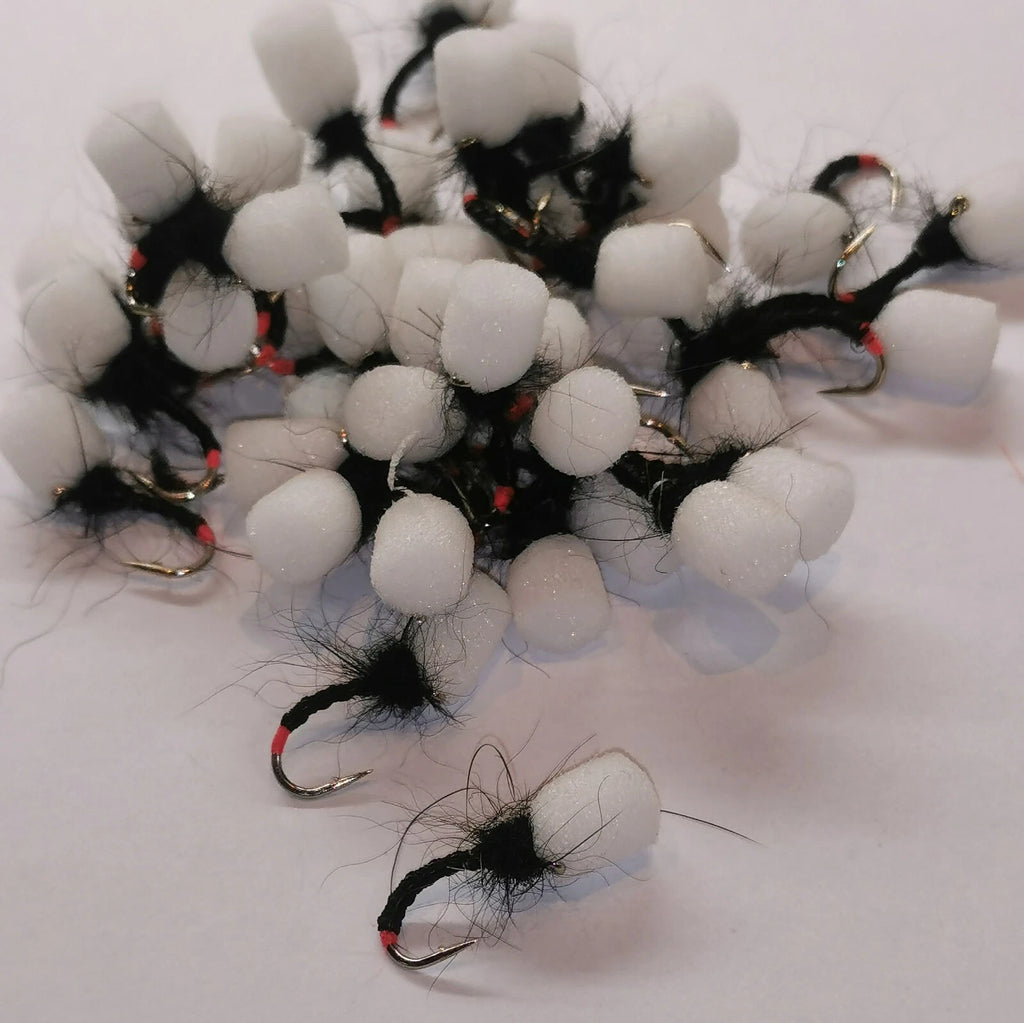 6 Black suspender top hat emerger white foam Buzzer red tag. Trout Fly Fishing